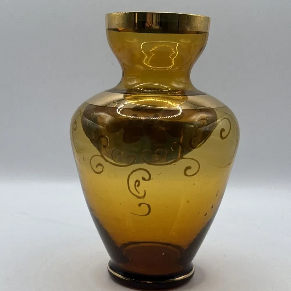 Vase Nasco Amber Glass Hand Painted Raised Enamel Flowers Gilt 6.25” - Picture 4 of 9